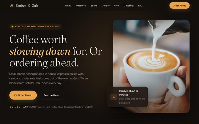Ember and Oak Coffee Roasters website preview